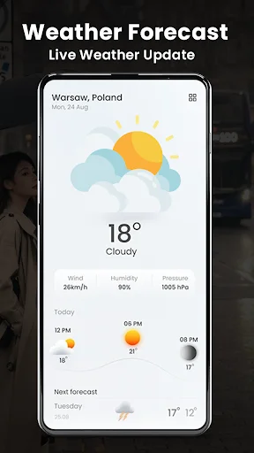 Weather Forecast app showing live weather update for Warsaw with temperature, wind speed, humidity and hourly forecast details