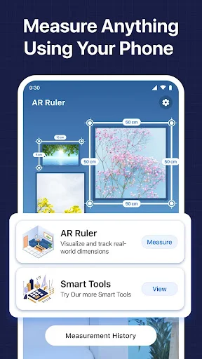 AR Measure Plan app interface showing AR Ruler tool for measuring objects, Smart Tools section, and Measurement History feature on mobile device