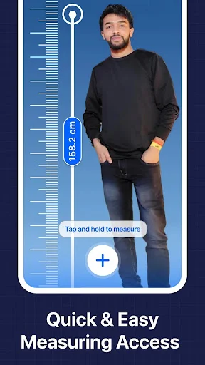 AR ruler app displaying full-body height measurement of person using AR technology with on-screen ruler and tap-to-measure instructions