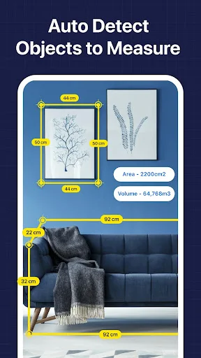 AR measurement app auto-detecting couch and plant with automatic dimension calculations showing area and volume measurements in centimeters