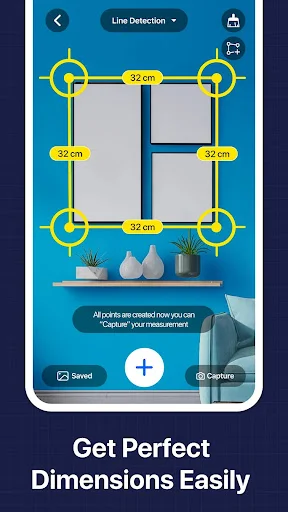Room measurement interface with corner detection points and dimension labels displaying wall and furniture measurements with save and capture options
