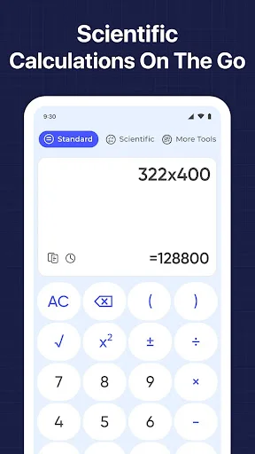Calculator tool within AR Measure Plan app showing scientific calculation mode with standard and scientific tabs for advanced computations