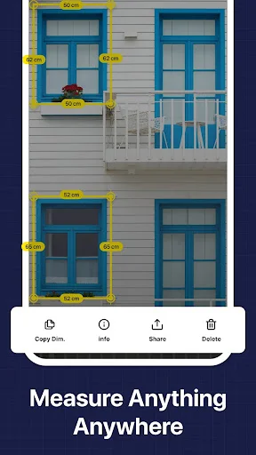 House exterior photo with AR measurements applied to multiple windows and doors showing dimension labels with project management options