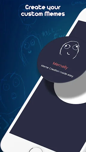 Memelly meme creator app intro screen showing 'Create your custom Memes' heading with meme illustration on phone display