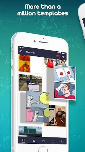 Memelly meme creator featuring over one million meme templates in grid layout on mobile phone screen with diverse meme formats