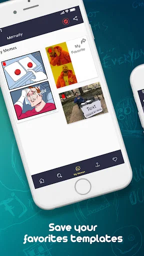 Memelly app template library with favorite/bookmark feature to save preferred meme templates for quick access and reuse