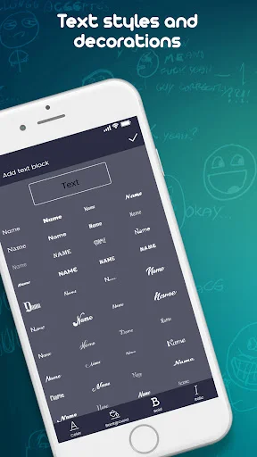 Memelly text editor showing multiple text styles, fonts, and decoration options for customizing meme text with formatting tools
