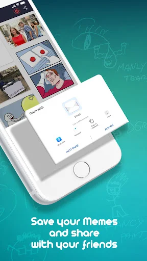 Memelly meme sharing interface with save and share options to distribute created memes to friends through mobile app