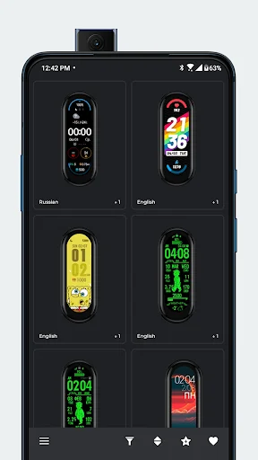 Smart Band 9 watch face gallery grid displaying six colorful digital designs with various styles, languages, and +1 favorite buttons for each face