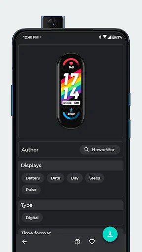 Detailed view of a vibrant multicolor Smart Band 9 digital watch face with time display, HuaweiWon author info, and customizable display options including battery, date, day, and steps