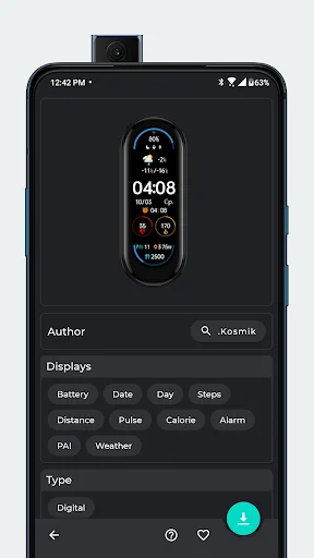 Detailed view of a minimal dark-themed Smart Band 9 digital watch face showing time and metrics, with Kasmik author info and sensor display options for fitness tracking