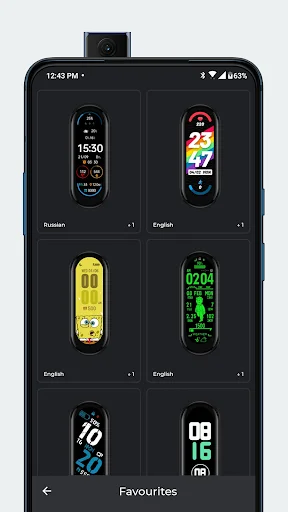 Smart Band 9 Favorites collection showing a grid of six diverse watch face designs with various color schemes and styles for personalized watch customization