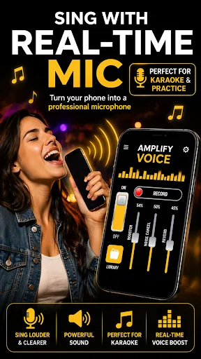 Real-time karaoke microphone app with voice effects, recording controls, and volume amplification on mobile device