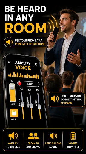 Megaphone voice amplifier app featuring speaker controls to project voice clearly in crowds and any room environment
