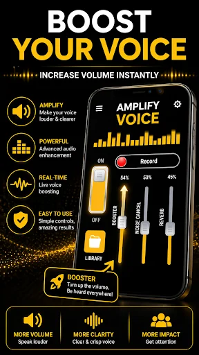 Voice booster app with volume amplification controls, clarity enhancement, and impact settings for amplified voice output