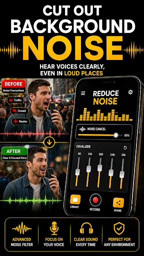 Noise reduction app displaying background noise cancellation with before/after comparison and voice focus features