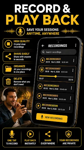 Voice recording app showing saved recordings list with playback, one-tap record, sharing, and organization features