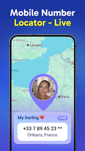 Live mobile number tracker displaying map with contact profile, location pin, and phone number in France