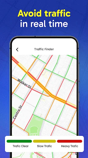 Real-time traffic status tracker showing map with color-coded road conditions and traffic indicators