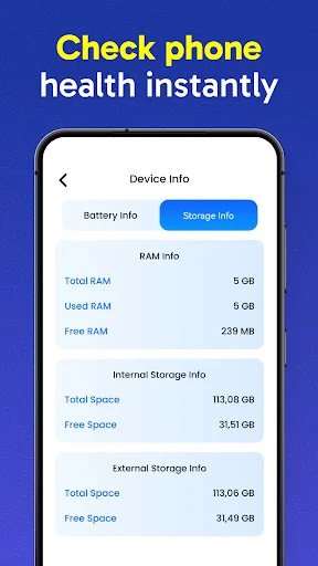 Device health checker displaying phone information including RAM, storage space, and battery details
