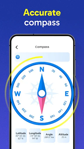 Compass navigation tool showing cardinal directions with GPS coordinates, latitude, and altitude data