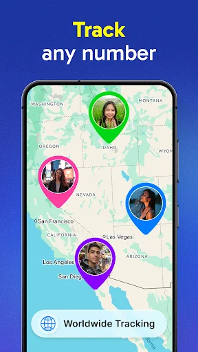 Multiple phone number tracking on interactive map showing worldwide locations with color-coded user pins