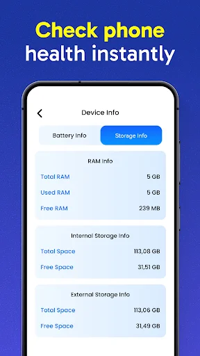 Device health checker displaying phone information including RAM, storage space, and battery details