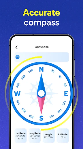 Compass navigation tool showing cardinal directions with GPS coordinates, latitude, and altitude data