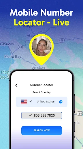 Mobile number locator search interface with country selection dropdown and phone number input field
