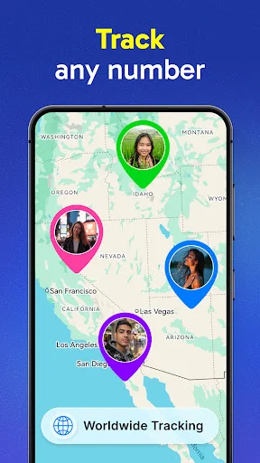 Multiple phone number tracking on interactive map showing worldwide locations with color-coded user pins