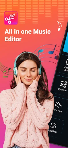 MP3 Cutter & Audio Merger app hero screen showing woman with headphones and 'All in one Music Editor' text