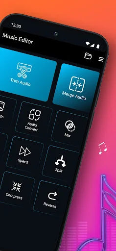 MP3 Editor main menu with audio tools: Trim, Merge, Vocals, Mix, Equalizer, Effects, Speed, Split, Compress, Reverse