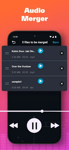 Audio Merger interface showing 3 files selected for merging with file details, play buttons, durations, and preview player