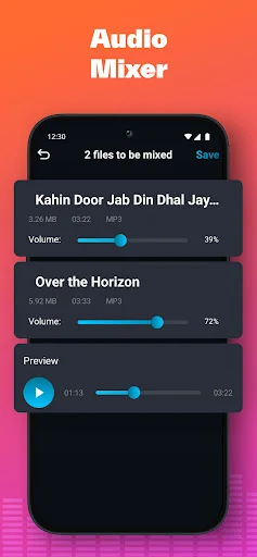 Audio Mixer tool displaying 2 files with individual volume sliders and mix preview player for blending multiple audio tracks