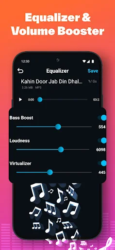 Equalizer & Volume Booster with Bass Boost, Loudness, and Virtualizer sliders for audio sound enhancement and adjustment