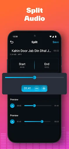 Split Audio feature with waveform display, Start/End times, and preview players for dividing audio tracks
