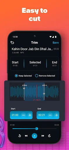 Trim audio interface with waveform, Start/Selected/End options, and time sliders for precise cutting and audio editing