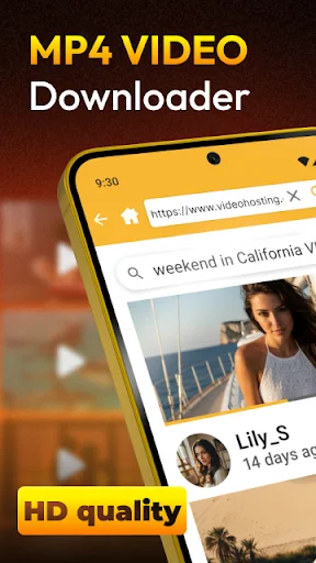MP4 Video Downloader app interface showing a smartphone browsing video hosting website with HD quality search results and user profiles