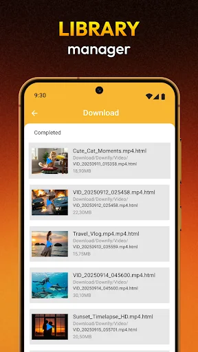 Video library manager displaying list of downloaded MP4 files with preview thumbnails and file information