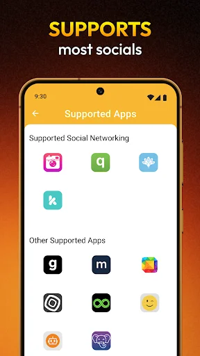 Supported apps screen featuring Facebook, TikTok, Instagram, Twitter, Likee, Vimeo and TopBuzz integration
