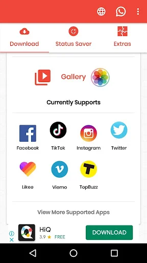 App main menu with Download, Status Saver and Extras tabs showing supported social media platforms Facebook, TikTok, Instagram and Twitter