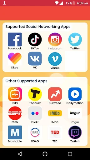Comprehensive list of supported apps for downloading including Facebook, TikTok, Instagram, Twitter, Likee, VK, Vimeo, and multiple other platforms