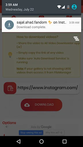 Download completion notification showing successful video save from Instagram with download instructions and options