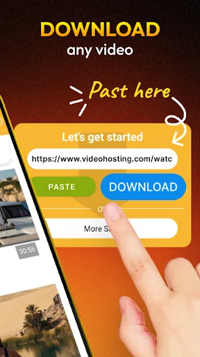 Download any video screen with paste URL field and blue download button to save videos from shared links