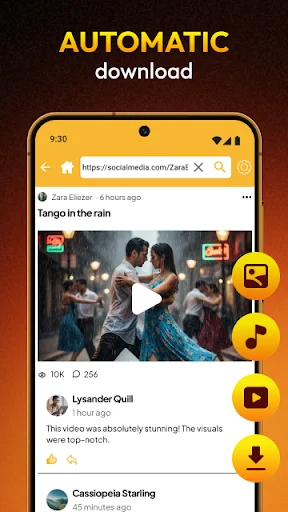 Automatic download feature displaying social media video content with yellow download action buttons on mobile interface