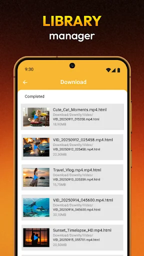 Library manager screen showing downloaded MP4 video files with thumbnails and file size information in completed downloads list