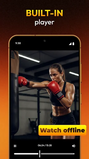 Built-in video player showing offline playback of downloaded video content with playback controls and timeline