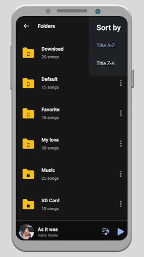 Folders library view organizing music by Download, Default, Favorite, My love, Music, and SD Card with song counts per folder