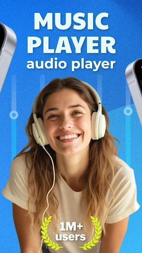 Music Player audio player promotional image featuring person with headphones and 1M+ users badge
