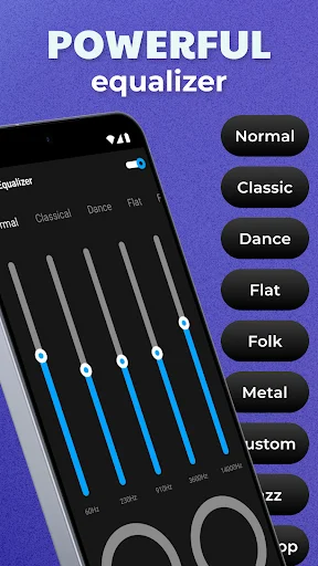 Powerful equalizer feature showing preset options: Normal, Classic, Dance, Flat, Folk, Metal, Custom, Jazz, and Pop with adjustable frequency sliders
